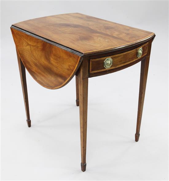 A George III oval mahogany and satinwood crossbanded Pembroke table, extended W.3ft 3.5in.